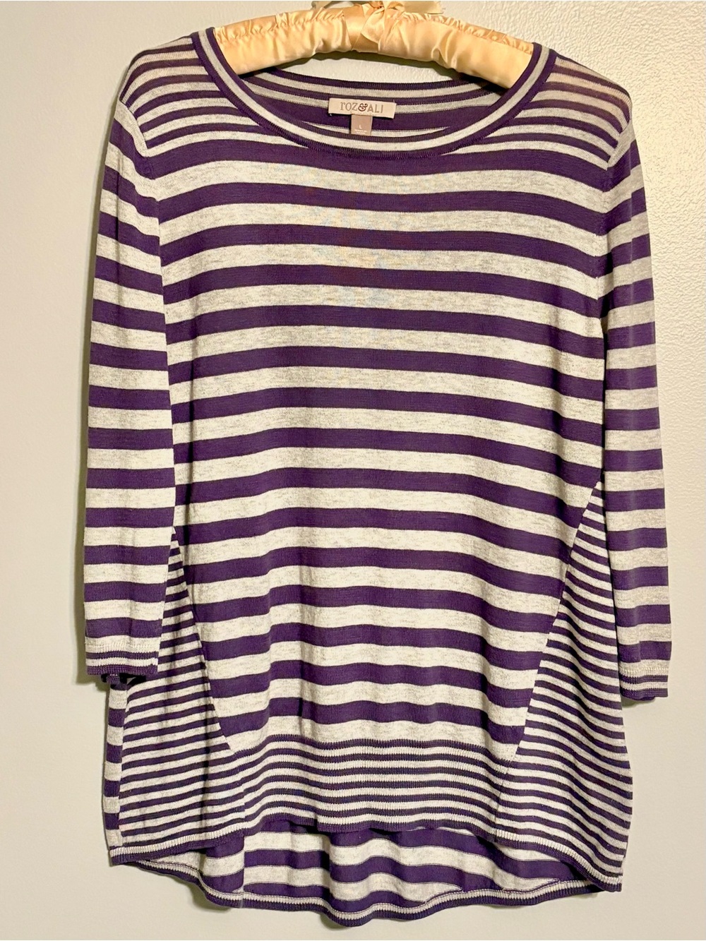 ❤️ Roz & Ali Purple & Gray Lightweight Striped Knit Top, Size L